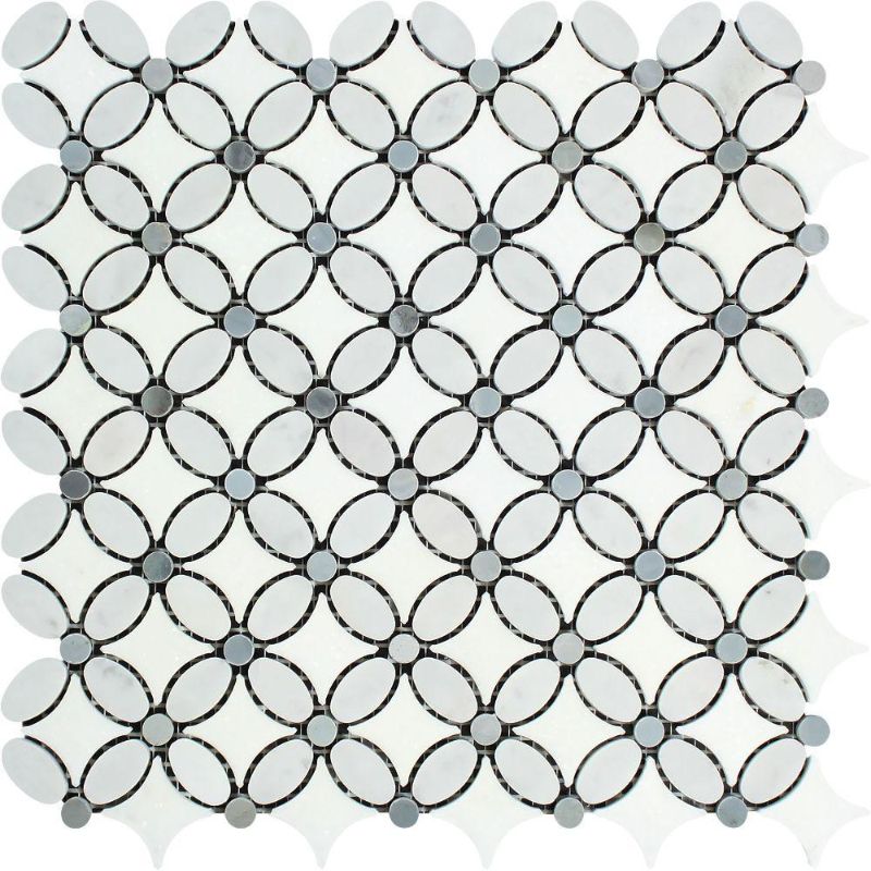 Thassos White Marble Florida Flower Polished Mosaic Tile w/Blue Dots.