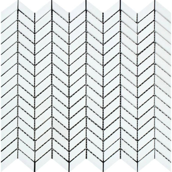 Thassos White Marble Mini Chevron Polished Mosaic Tile.