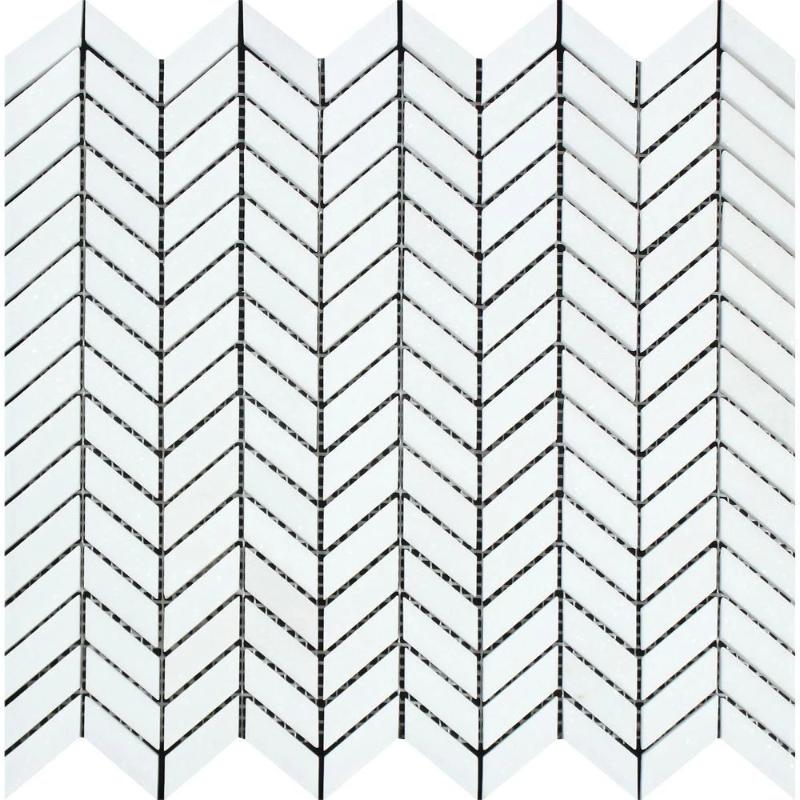 Thassos White Marble Mini Chevron Polished Mosaic Tile.