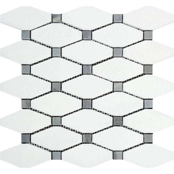 Thassos White Marble Octave with Blue Dots Polished Mosaic Tile.