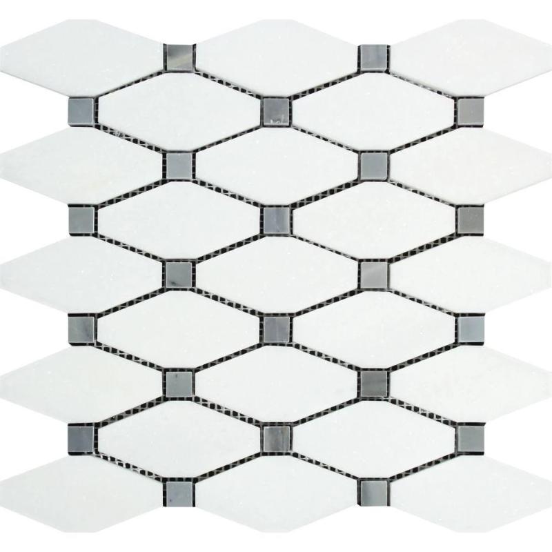 Thassos White Marble Octave with Blue Dots Polished Mosaic Tile.