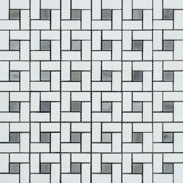 Thassos White Marble Pinwheel w/Blue dots Polished Mosaic Tile.