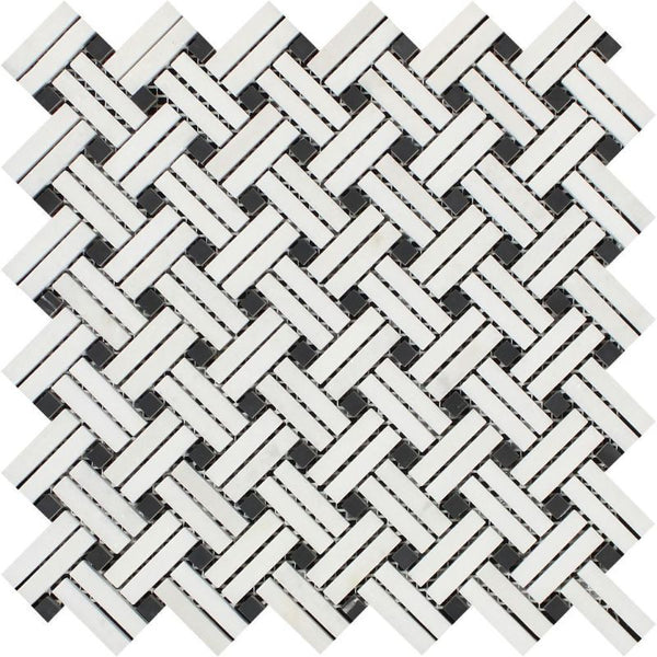 Thassos White Marble Stanza Black Dot Polished Mosaic Tile.