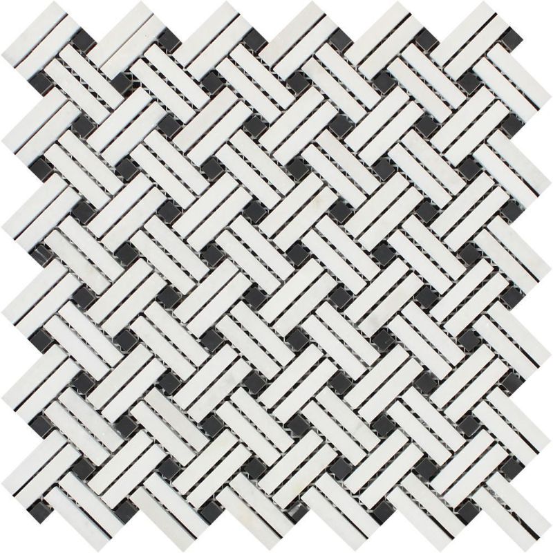 Thassos White Marble Stanza Black Dot Polished Mosaic Tile.