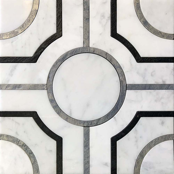 Waterjet Alcamo Bianco Carrara White And Silver Mosaic Tile.