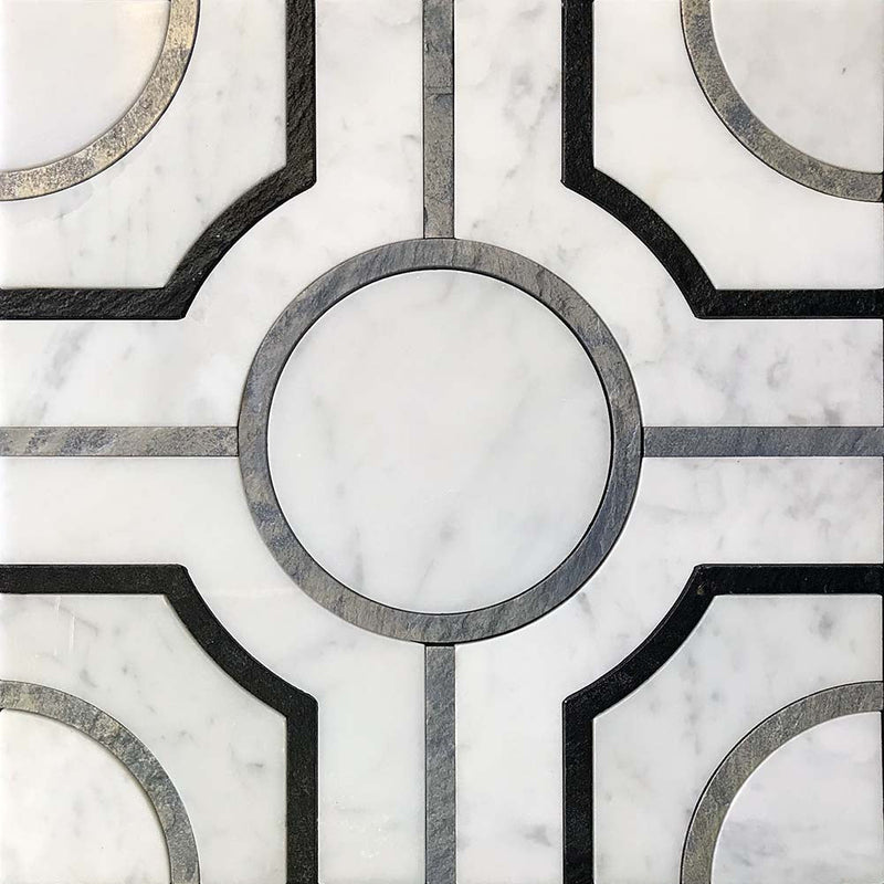 Waterjet Alcamo Bianco Carrara White And Silver Mosaic Tile.