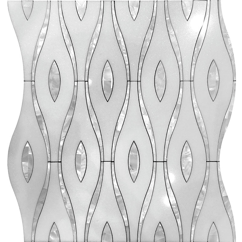 Waterjet Coastal Wave Paper White Marble, Shell Mosaic Tile.