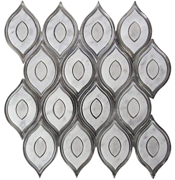WATERJET Peacock White Carrara, Glass Mosaic Tile.