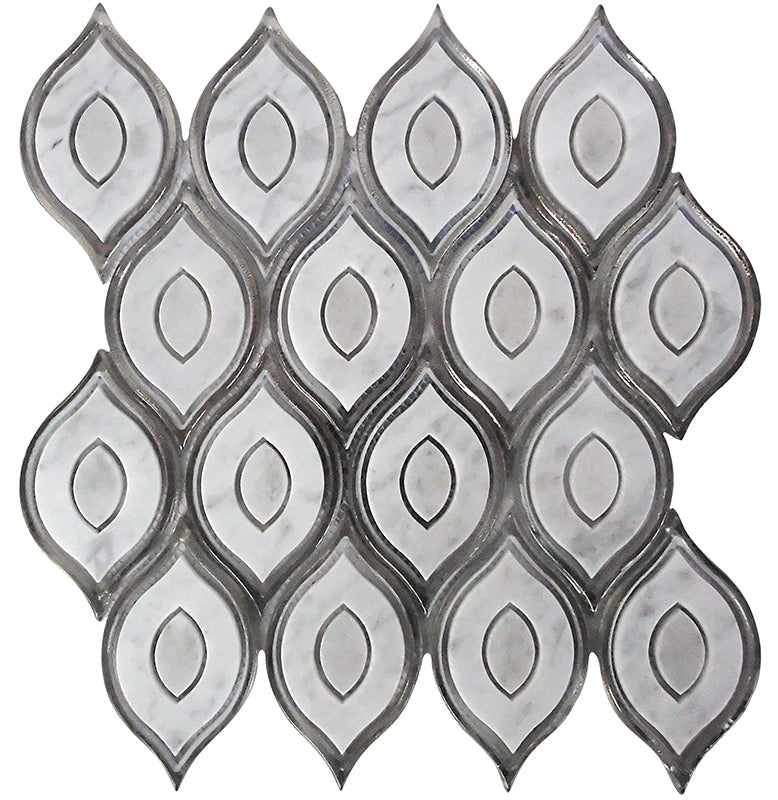 WATERJET Peacock White Carrara, Glass Mosaic Tile.