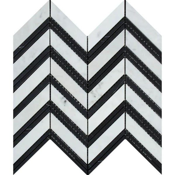 White Carrara Marble Chevron with Black Strips Polished Mosaic Tile.