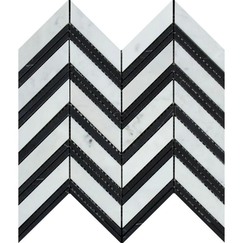 White Carrara Marble Chevron with Black Strips Polished Mosaic Tile.