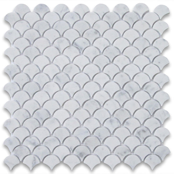 White Carrara Marble Fish Design (Fan Shape) Honed Mosaic Tile.