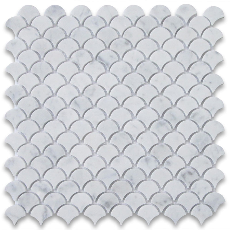 White Carrara Marble Fish Design (Fan Shape) Honed Mosaic Tile.