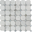 White Carrara Marble Octagon with Blue Dots Honed Mosaic Tile.