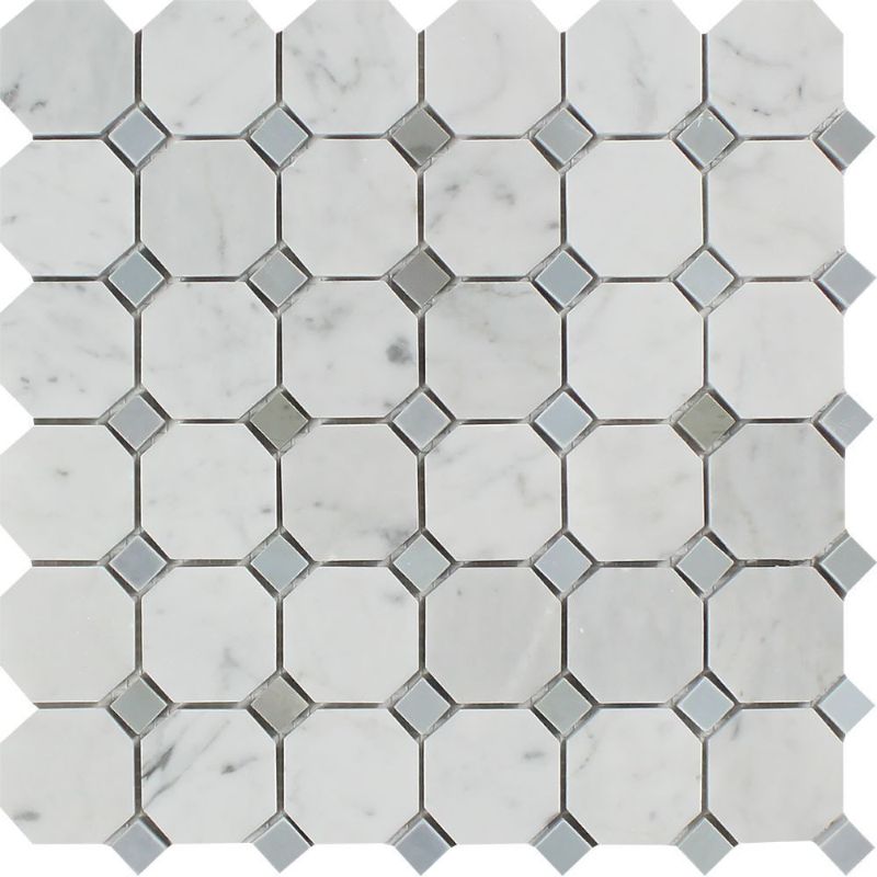 White Carrara Marble Octagon with Blue Dots Polished Mosaic Tile.