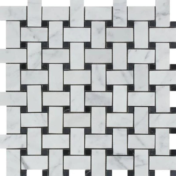 White Carrara Marble Polished Basketweave with Black Dots Mosaic Tile.