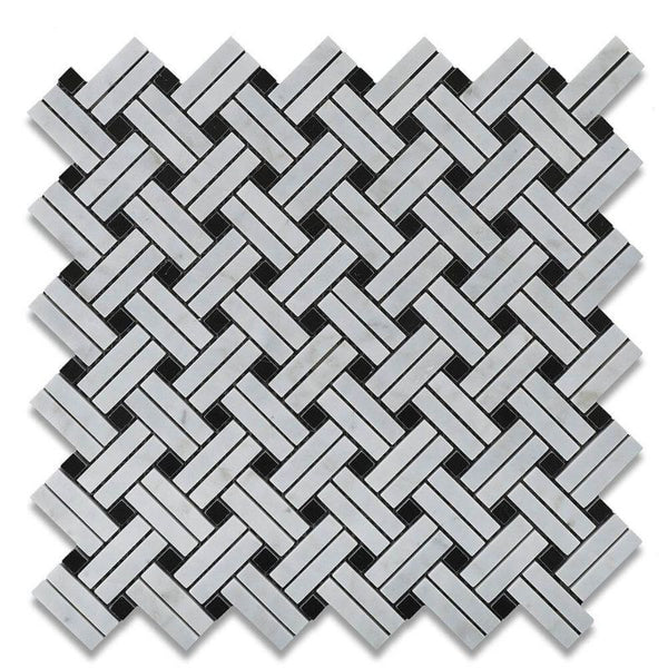White Carrara Marble Stanza Black Dot Polished Mosaic Tile.