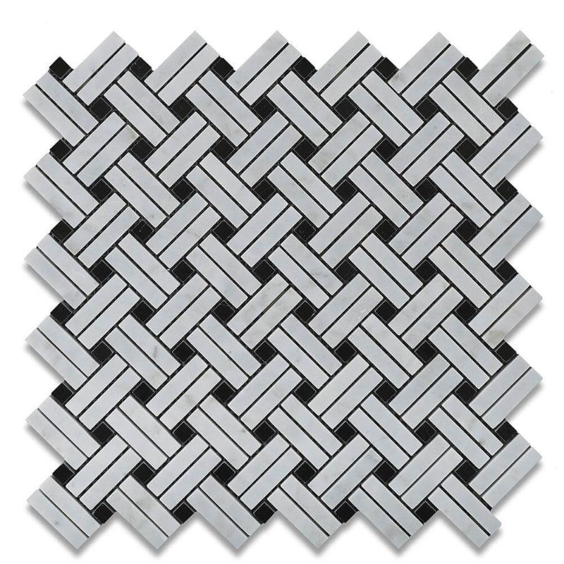 White Carrara Marble Stanza Black Dot Polished Mosaic Tile.