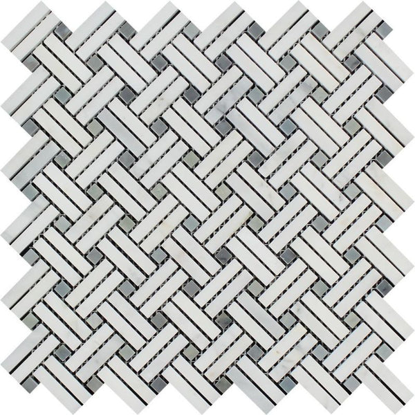 White Carrara Marble Stanza Blue Dot Polished Mosaic Tile.