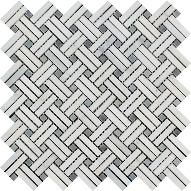 White Carrara Marble Stanza Blue Dot Polished Mosaic Tile.