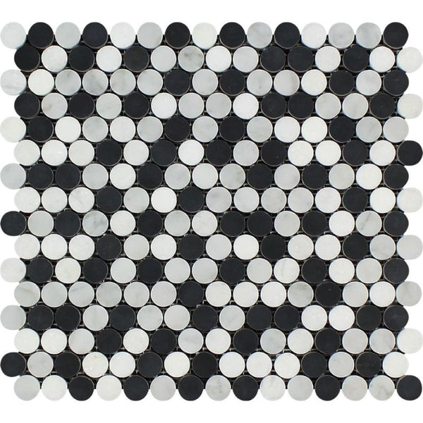 White Carrara Thassos Black Marble Penny Round Polished Mosaic Tile.