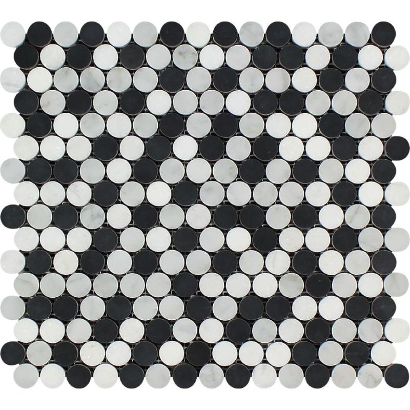White Carrara Thassos Black Marble Penny Round Polished Mosaic Tile.